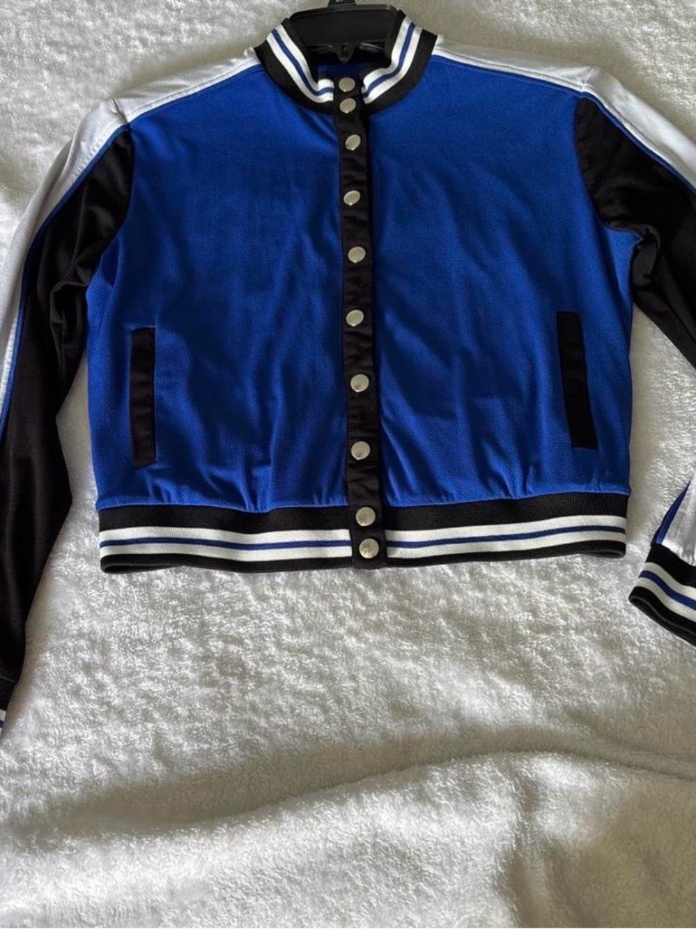 XOXO Royal Blue, Black & White Cropped Varsity Jacket